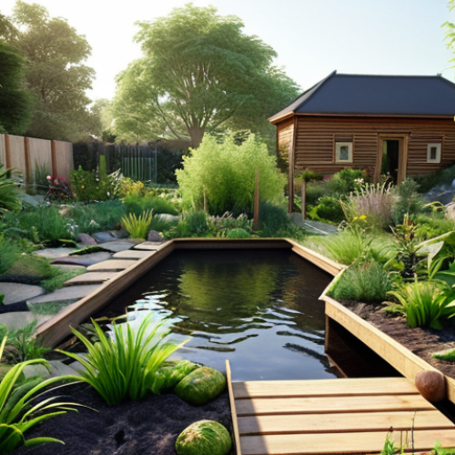 Home 11 **A lush, sustainable garden featuring native German plants, a small pond attracting local wildlife, and a composting area. The design incorporates permaculture principles with raised beds and companion planting. Focus on natural textures, soft lighting, and a sense of ecological harmony.**