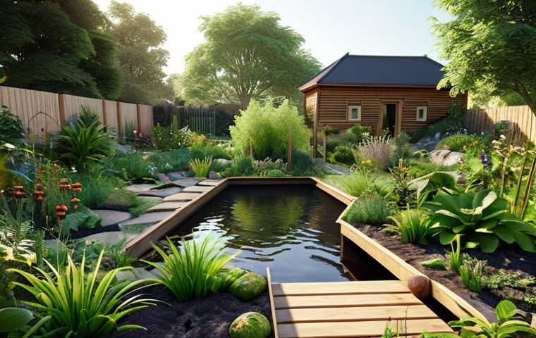 **A lush, sustainable garden featuring native German plants, a small pond attracting local wildlife, and a composting area. The design incorporates permaculture principles with raised beds and companion planting. Focus on natural textures, soft lighting, and a sense of ecological harmony.**