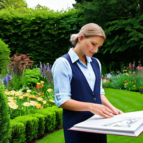 Home 6 A professional garden designer, fully clothed in modest outdoor professional attire, standing in a lush, verdant private garden. The designer holds a design sketchbook open, with detailed landscape plans visible. The scene is bathed in soft natural light, highlighting the vibrant green foliage and blooming flowers. The designer has a thoughtful, focused expression. Perfect anatomy, correct proportions, natural pose, well-formed hands, proper finger count, natural body proportions, professional photography, high quality, safe for work, appropriate content, family-friendly.