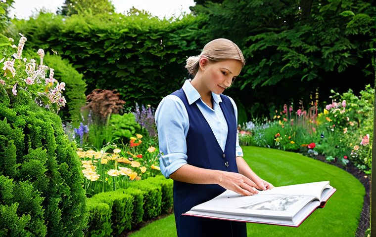 A professional garden designer, fully clothed in modest outdoor professional attire, standing in a lush, verdant private garden. The designer holds a design sketchbook open, with detailed landscape plans visible. The scene is bathed in soft natural light, highlighting the vibrant green foliage and blooming flowers. The designer has a thoughtful, focused expression. Perfect anatomy, correct proportions, natural pose, well-formed hands, proper finger count, natural body proportions, professional photography, high quality, safe for work, appropriate content, family-friendly.