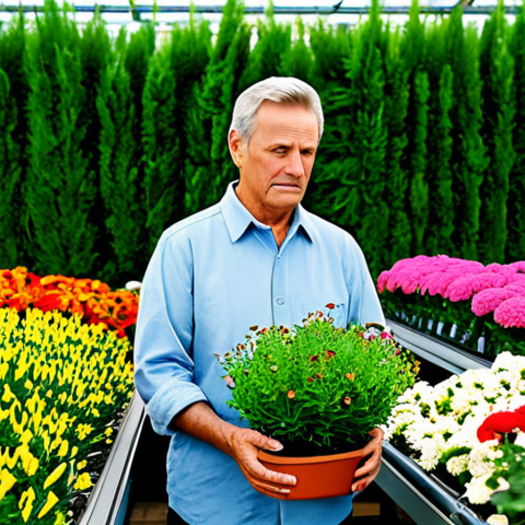 Unsure Customer at Garden Center**

"A customer in a garden center looking overwhelmed by the selection of plants, surrounded by colorful flowers and green shrubs, wearing casual clothing, appropriate attire, safe for work, professional photograph, correct proportions, well-formed hands, family-friendly, fully clothed, depicting the difficulty of choosing plants."

**