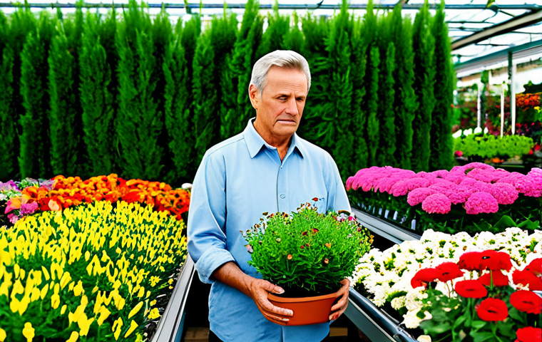 Unsure Customer at Garden Center**

"A customer in a garden center looking overwhelmed by the selection of plants, surrounded by colorful flowers and green shrubs, wearing casual clothing, appropriate attire, safe for work, professional photograph, correct proportions, well-formed hands, family-friendly, fully clothed, depicting the difficulty of choosing plants."

**