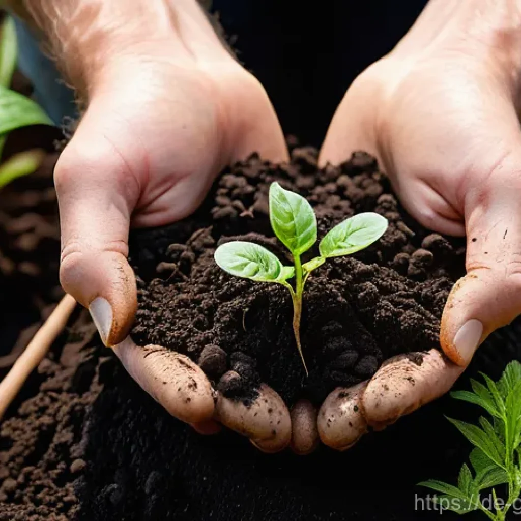 원예디자이너 실무 노하우 - A close-up, high-definition photograph of a gardener's hands, gently sifting rich, dark, humic soil....