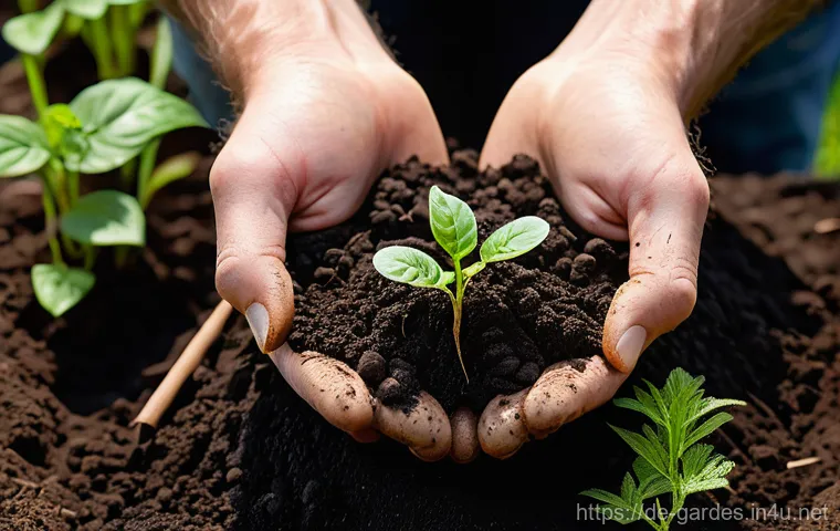 원예디자이너 실무 노하우 - A close-up, high-definition photograph of a gardener's hands, gently sifting rich, dark, humic soil....