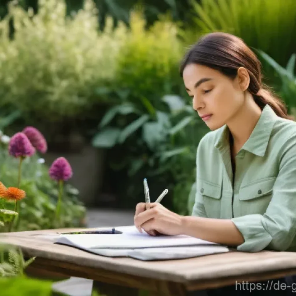 원예디자이너 이직 준비와 자격증 - **Prompt:** A young female garden designer, in her late 20s, with a thoughtful and inspired expressi...