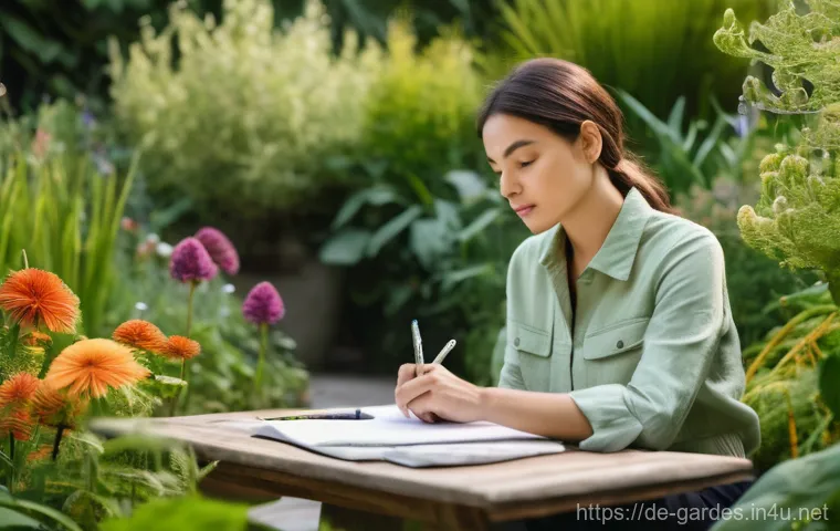 원예디자이너 이직 준비와 자격증 - **Prompt:** A young female garden designer, in her late 20s, with a thoughtful and inspired expressi...