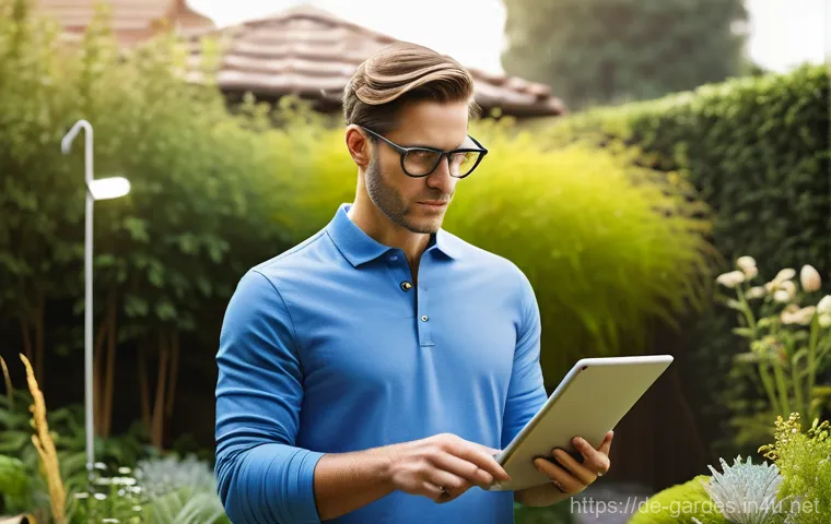 원예디자이너 이직 준비와 자격증 - **Prompt:** An experienced male garden designer, in his 50s, wearing practical work overalls, is act...