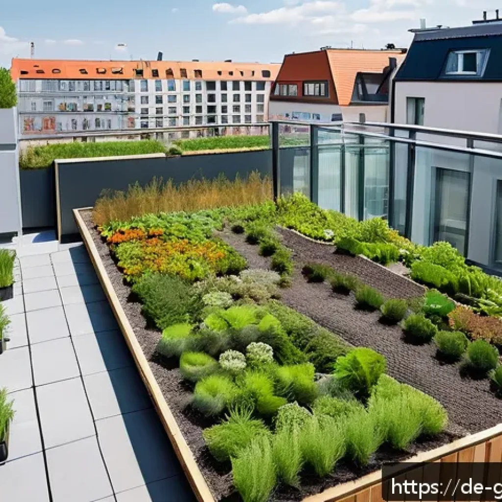 원예디자이너 관련 학위 과정 - A modern urban green rooftop garden on a Berlin apartment building, featuring native drought-resista...