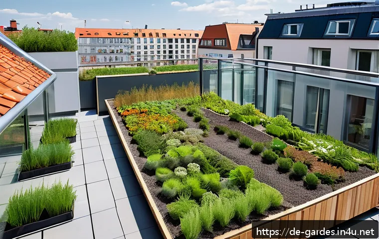 원예디자이너 관련 학위 과정 - A modern urban green rooftop garden on a Berlin apartment building, featuring native drought-resista...