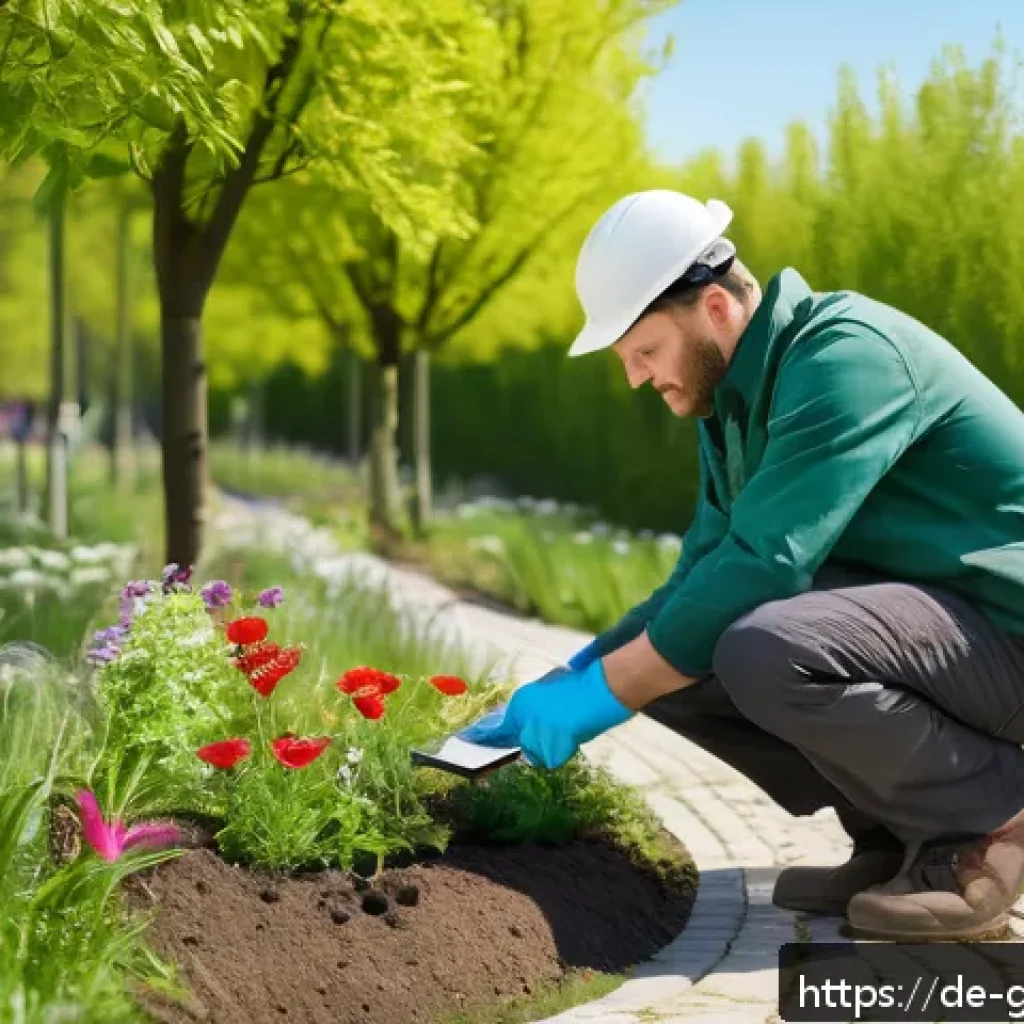 원예디자이너 취업 및 이직 성공 사례 - A professional landscape gardener at work in a modern German urban park, wearing practical work clot...