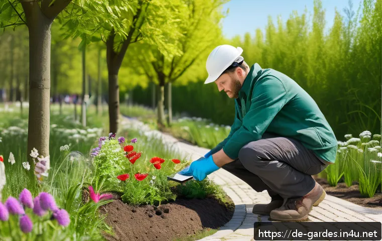 원예디자이너 취업 및 이직 성공 사례 - A professional landscape gardener at work in a modern German urban park, wearing practical work clot...
